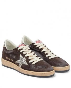 Women's Brown Ball Star Embellished Leather Sneakers