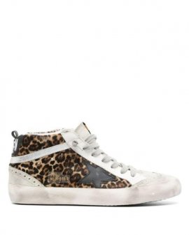 Women's White Mid Star Leopard Print Sneakers
