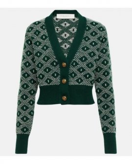 Women's Green Cropped Intarsia Wool-blend Cardigan