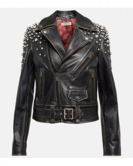 Women's Black Embellished Leather Biker Jacket