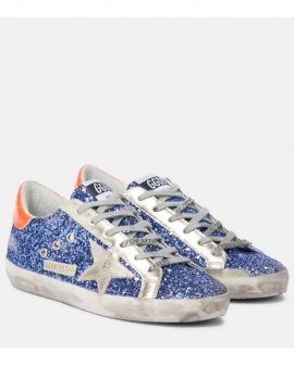 Women's Blue Superstar Glitter And Leather Sneakers