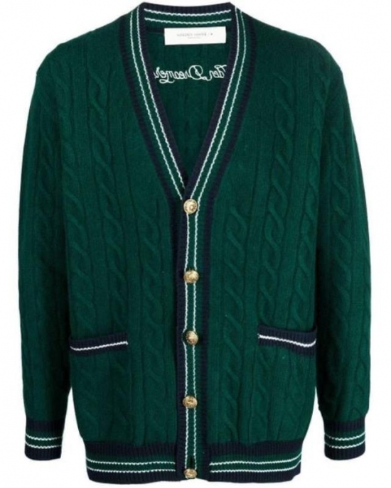 Men's Green Cable-knit V-neck Cardigan