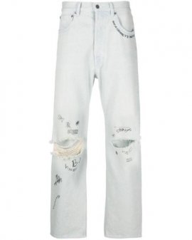 Men's Blue Distressed-effect Text-print Straight-leg Jeans