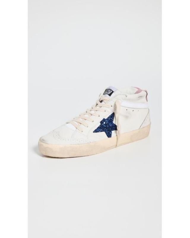 Women's White Mid Star Leather Upper Glitter Star Sneakers