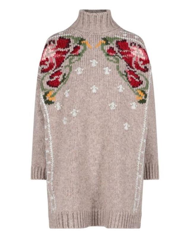 Women's Gray Floral Inlay Maxi Sweater