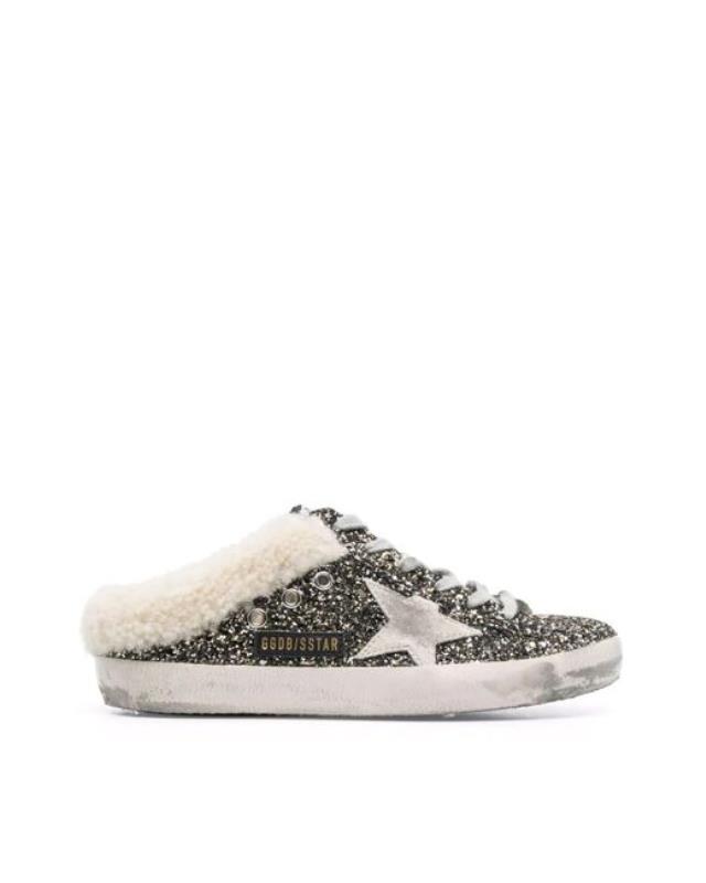 Women's White Super-star Sabot Glitter Upper Suede Star Shearling Lining
