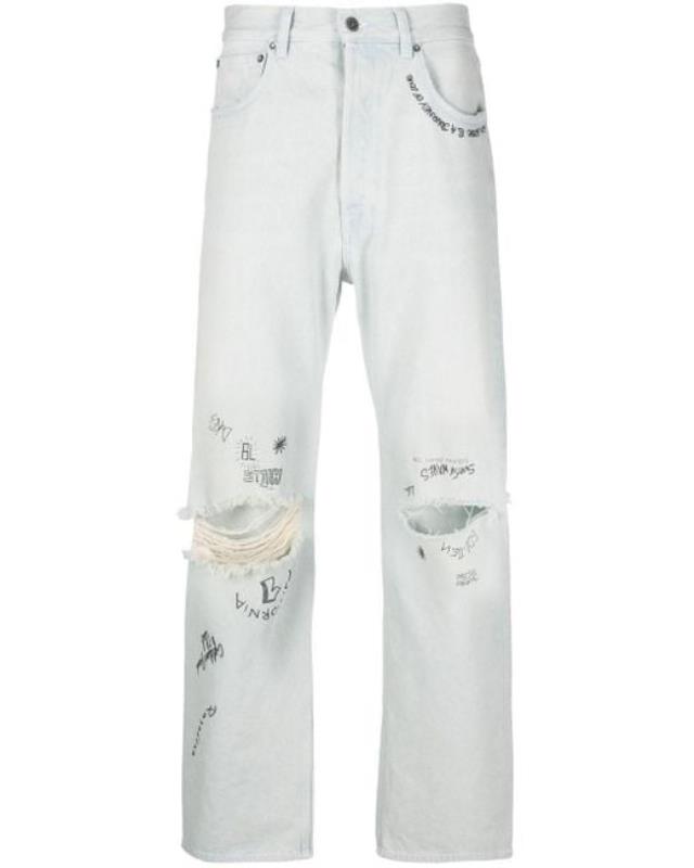 Men's Blue Distressed-effect Text-print Straight-leg Jeans